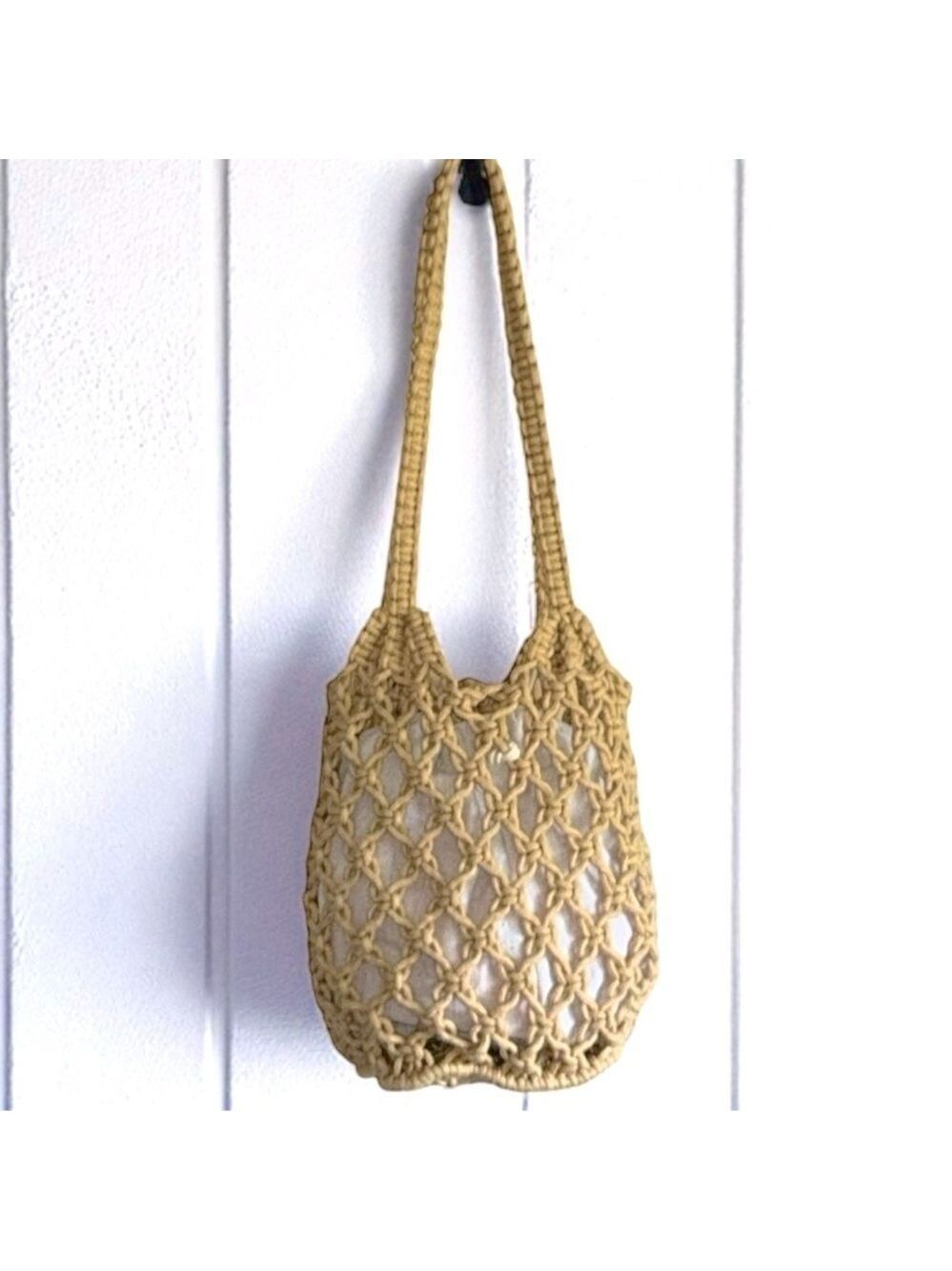 Summer Crochet Rope Shoulder Bag Tote with Drawstring Insert in Tan